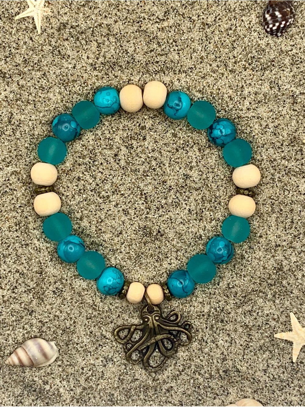 Teal and Wood Beaded Kraken Charm Stretch Bracelet